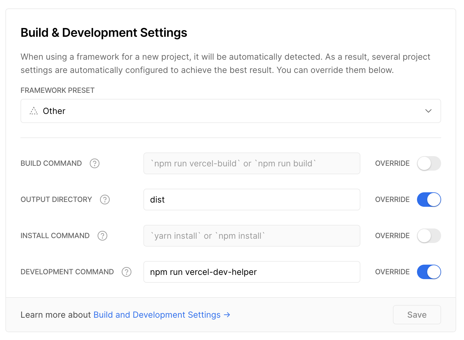 Vercel dev special config